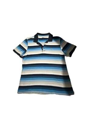 Lacoste Men's Blue, Navy, and White Striped Short Sleeve Polo Shirt